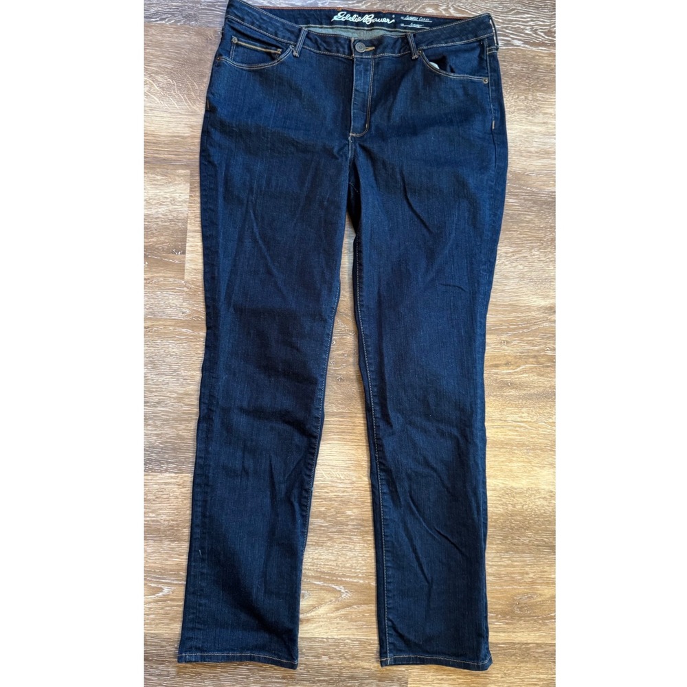 Eddie Bauer Womens 16 Slightly Curvy Straight Leg Jeans Dark Indigo Blue Stretch
